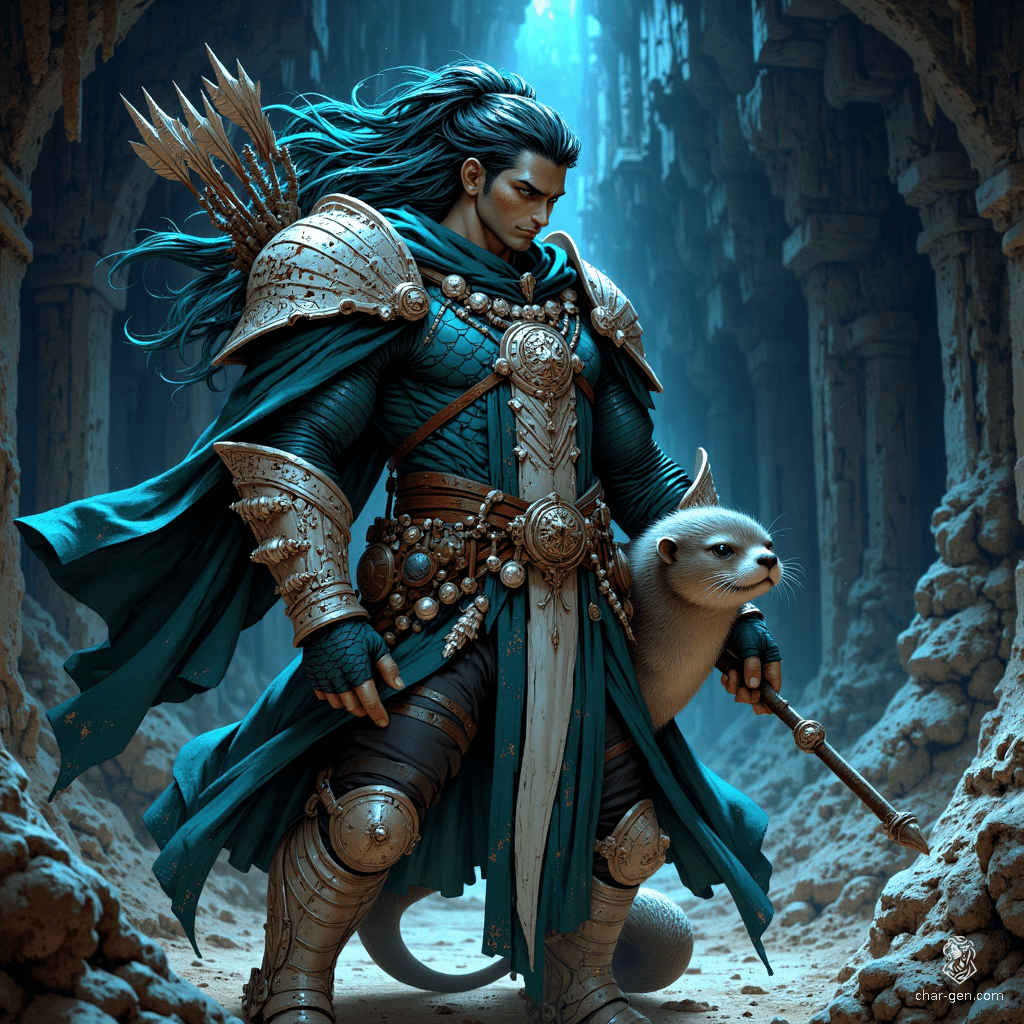 Kael Deepwarden, a fierce Triton ranger, guards ocean depths with his shimmering bluish-green skin and flowing dark teal seaweed-like hair. Clad in scale armor decorated with aquatic motifs, he wields a coral-crafted longbow. His loyal companion, Tide, the sea otter, thrives at his side, ready for underwater adventures.
