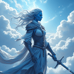 Breezen Aeolus, an 18-year-old air genasi bard, captivates with his sky-blue skin and stormy grey hair. Agile and charming, he wields a rapier and enchanting instrument, enchanting audiences with expressive gestures and air-woven magic, all while embodying noble elegance in detailed leather armor.