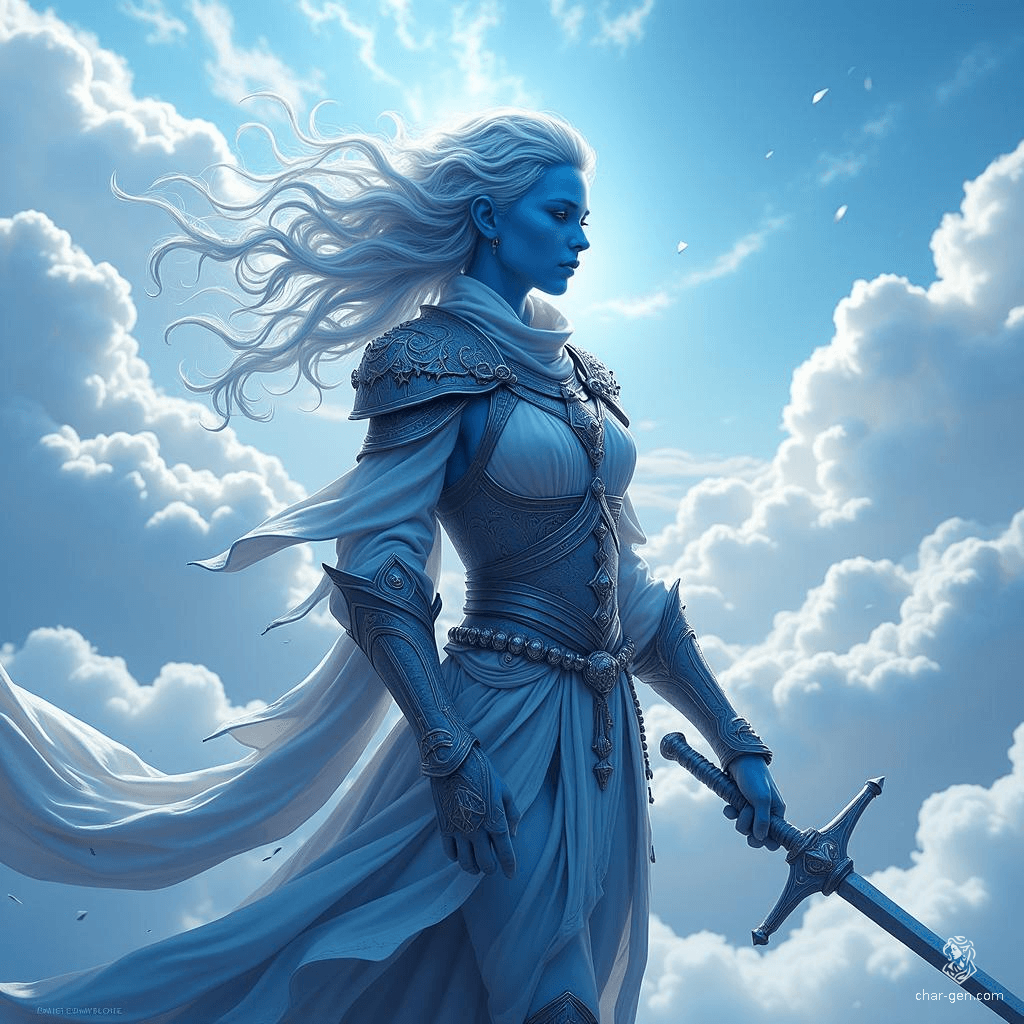 Breezen Aeolus, an 18-year-old air genasi bard, captivates with his sky-blue skin and stormy grey hair. Agile and charming, he wields a rapier and enchanting instrument, enchanting audiences with expressive gestures and air-woven magic, all while embodying noble elegance in detailed leather armor.