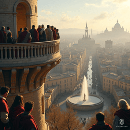 Amidst a sprawling city, a gathering of Gallic-dressed figures silently honors their past. At the forefront, a long-haired veteran's haunting lament drifts through the winter sun, captivating noble warriors perched by an ornate fountain, echoing tales of valor and loss in a moment of solemn reflection.