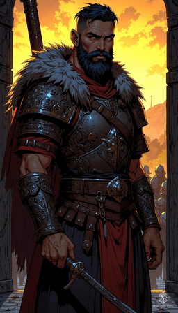 A towering Slavic warrior, draped in heavy fur-lined armor adorned with mythological carvings, grips a massive war hammer. With a thick black beard and serious expression, he stands guard at a fortified village, silhouetted against a foggy forest and a dramatic sunset, ready for battle.