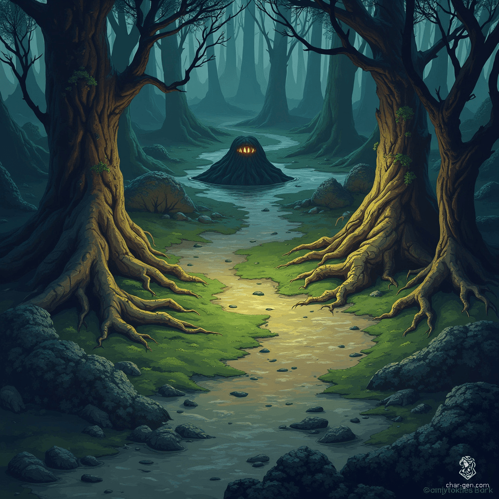 In the heart of a dark, forbidding forest, an open path winds through gnarled trees and treacherous swampland. The air is thick with tension as will-o-wisps flicker eerily through the twilight. In a shadowy clearing, twig blights lurk, and a hulking shambling mound roams menacingly. Hidden traps and secret paths await the unwary traveler.