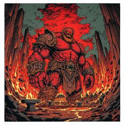 A towering, red-skinned fire giant with intense, glowing eyes stands fiercely in an armor-filled forge. This wild and rugged barbarian, a protector of nobility, crafts formidable suits of armor. Flames dance across his fiery skin, illuminating hammers and anvils, as he forges exceptional protection for the bravest warriors.