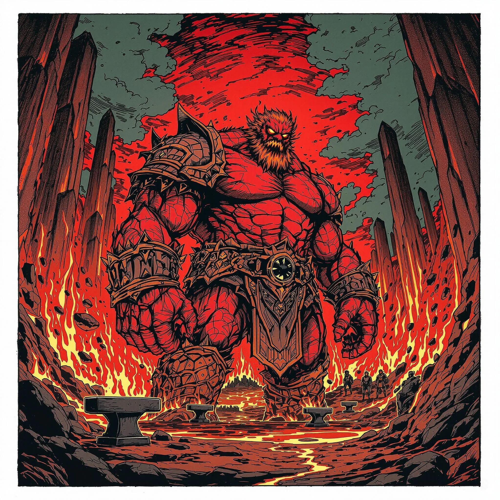 A towering, red-skinned fire giant with intense, glowing eyes stands fiercely in an armor-filled forge. This wild and rugged barbarian, a protector of nobility, crafts formidable suits of armor. Flames dance across his fiery skin, illuminating hammers and anvils, as he forges exceptional protection for the bravest warriors.
