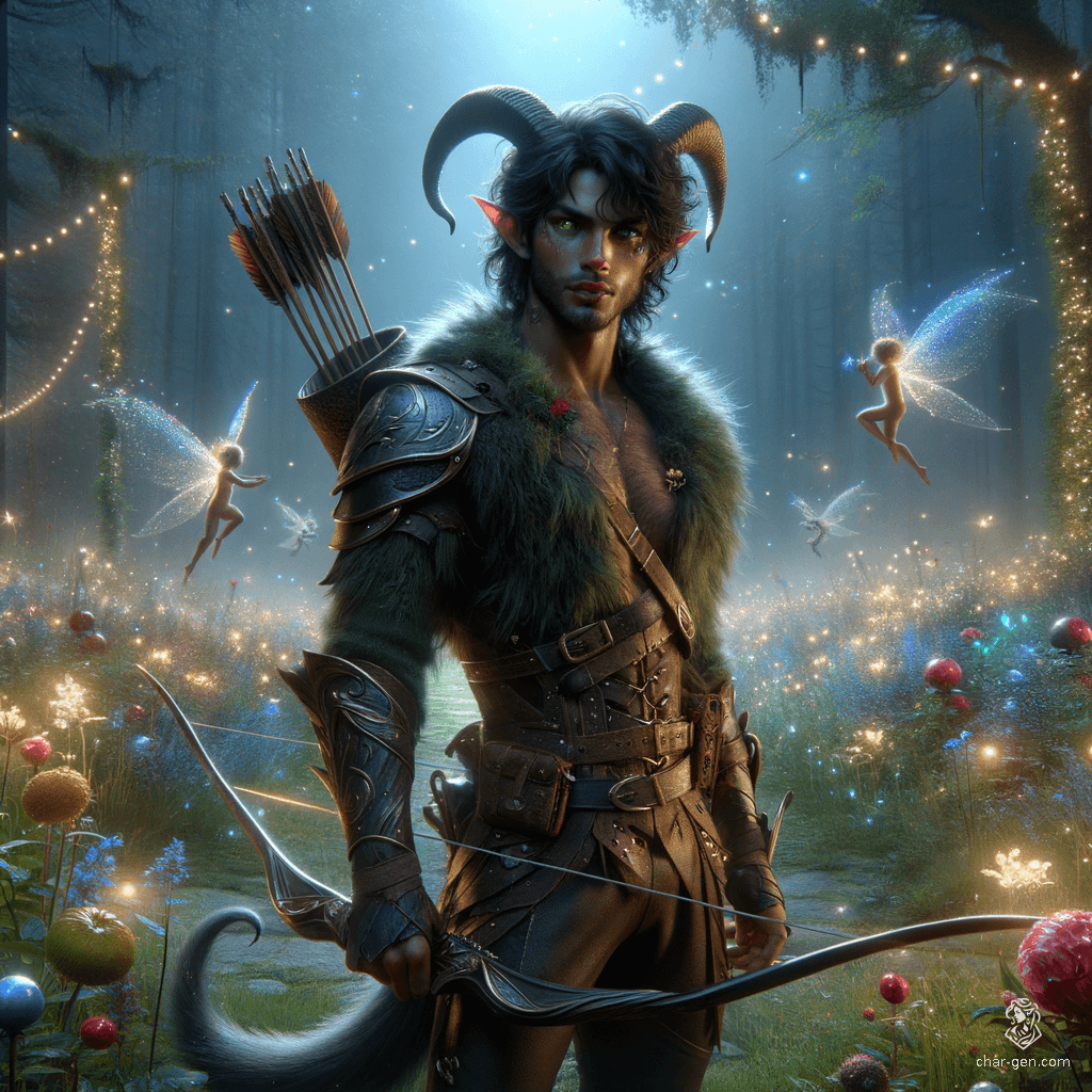 Meet a male Satyr Ranger, cloaked in intricately detailed leather armor that melds with the shadows. Equipped with a keen eye, a sturdy longbow, and a poised rapier in hand, he glides silently through the night, combining rogue stealth with a wise, cunning nature.