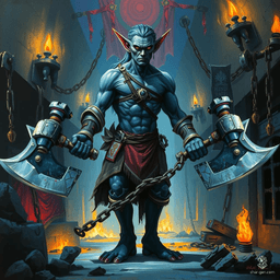 A tall, dark-skinned night elf with bluish skin and long ears wields dual one-handed axes. Adorned in a sharp-edged helm, his blue hair flows as he readies to fight, embodying the formidable essence of a brooding dragonslayer.