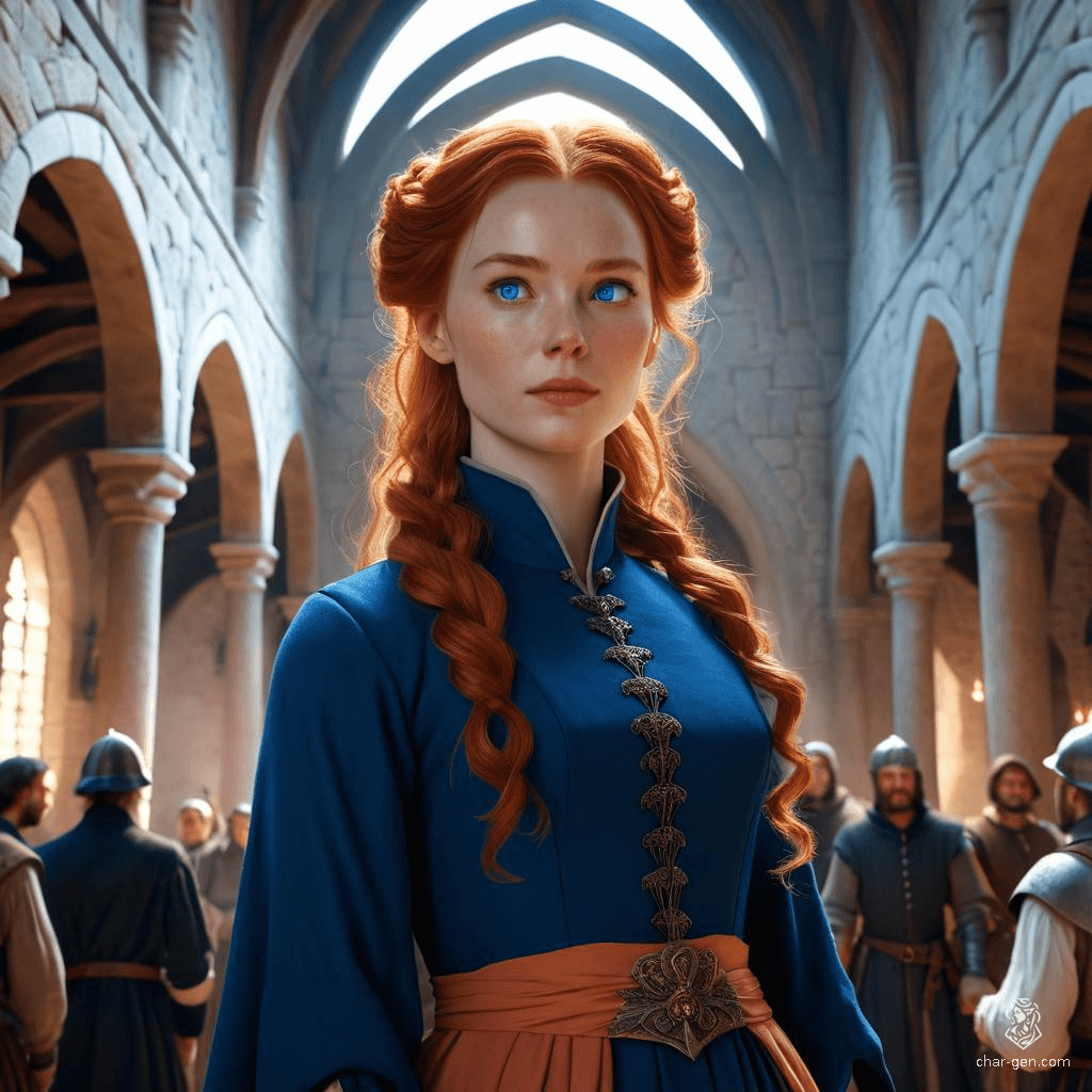 A captivating spy with wavy red hair in a loose bun and striking blue eyes. She blends seamlessly into crowds, dressed in cobalt and peach servant attire. Fair-skinned and busty, she carries secret messages while eavesdropping, her seductive charm making her an effective espionage expert.