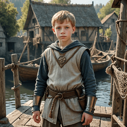 A confident 10-year-old pale-skinned boy, doubling as a formidable fighter, stands on a dock with weathered clothes. Juggling fishing gear and a variety of weapons, his short hair adds to his distinct look.