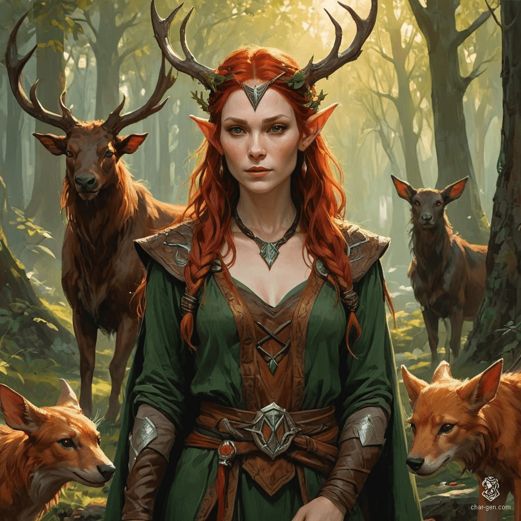 Keyleth, a 17-year-old Half-Elven Druid, is from the Air tribe of the Ashari people. Marked by her cherry-red hair and deep brown eyes, she possesses extreme wisdom despite lacking strength, agility, and charm. Raised to lead, she embarks on the Aramente to prove her connection to nature and elemental magic.