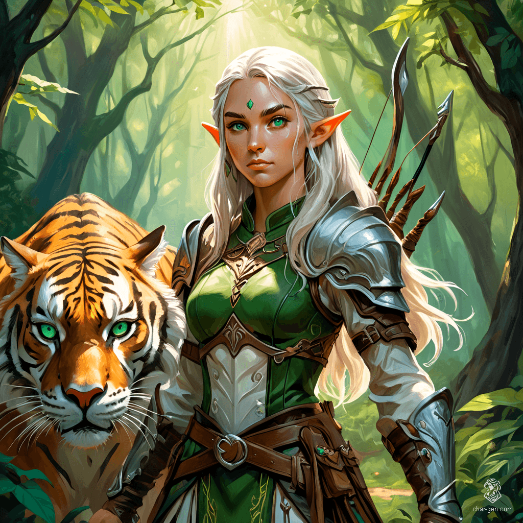 Sylara, a stunning elf ranger, roams her lush forest home with her saber-tooth tiger companion, Fang. With flowing silver hair and piercing emerald eyes, she embodies nature's grace and ferocity. Clad in intricate leather armor, she wields a finely crafted longbow, always ready to protect her realm.