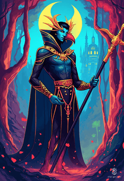 Krackle Brightbeak is a 20-year-old, blue-skinned kenku sorcerer with a raven-like head and wings. A charming and intelligent criminal, he wields an enchanted quarterstaff and wears a mesmerizing, shifting cloak that enhances his unpredictable magic, all while exuding a powerful aura of mystery.