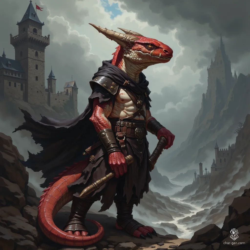 Toki is a young dragon-headed kobold healer with striking red scales and a white underbelly. His thin, bearded dragon-like face features a single fang and acid burn marks. Clad in brown attire and a black cape, he wields a staff, ready for adventure.
