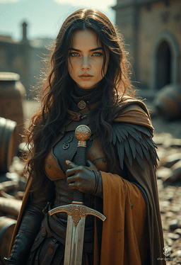 Miatte Derethian, a haunted yet resilient human fighter, showcases her prowess as a sword-fighting champion with a longsword in hand and a captivating winged cloak. Driven to vanquish monsters and protect the innocent, she navigates a world filled with spirits and challenges, embodying both charm and strength.