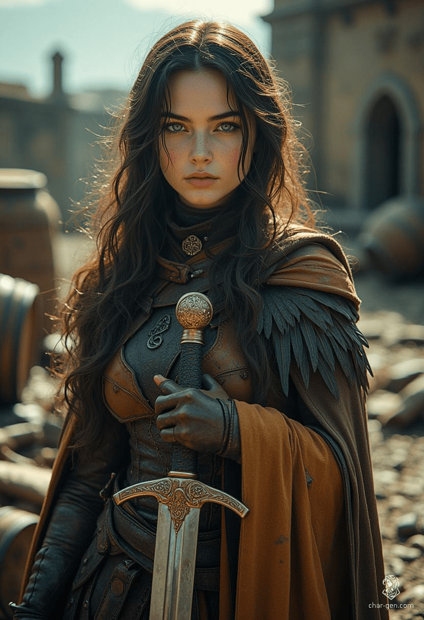 Miatte Derethian, a haunted yet resilient human fighter, showcases her prowess as a sword-fighting champion with a longsword in hand and a captivating winged cloak. Driven to vanquish monsters and protect the innocent, she navigates a world filled with spirits and challenges, embodying both charm and strength.
