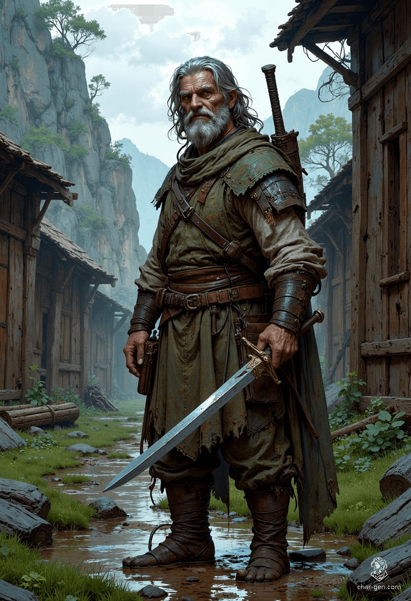 Tancrede, a rugged 55-year-old human fighter, embodies resilience and strength. Once captain of the Citadel guard, his keen eye and mastery of diverse weapons reflect his ranger and rogue skills. Haunted by a tragic past, he fiercely protects nature while seeking vengeance against the dragon that stole his former life.