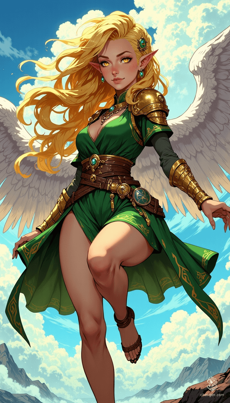 Sigarda is a radiant angelic warrior, adorned in striking green and gold armor. With flowing golden hair and solid gold glowing eyes, she floats gracefully through the sky, encapsulated in vibrant, high-contrast lighting. Her dynamic pose and cartoon-like expression reflect both beauty and strength in this anime-inspired fantasy realm.