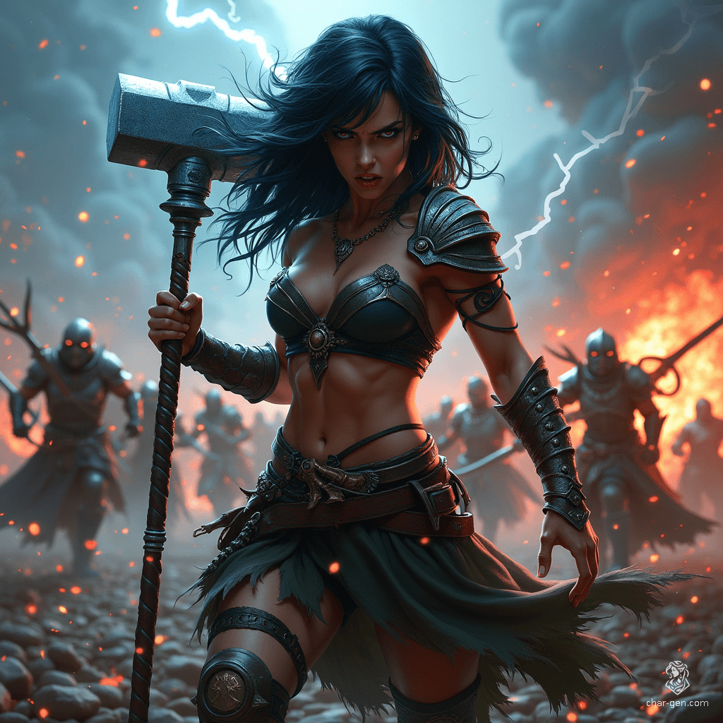 A fiercely fair-skinned, rugged female barbarian with jet-black hair, exudes raw fury as she brandishes a massive warhammer, ready for battle. Her wild and untamed spirit is matched only by her intense warrior prowess.