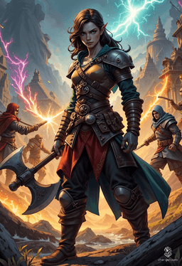 Cyren is a daring 16-year-old half-orc barbarian smuggler, standing 6'1" with slate grey skin and striking green eyes. Armed with a greataxe, she's formidable and resilient, driven by a quest for vengeance against a treacherous thief. Cynical yet adventurous, she thrives on risk.