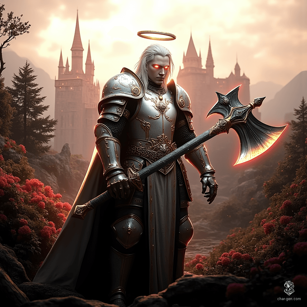 Puriel is a formidable aasimar fighter, radiating a subtle halo and boasting unusual colored eyes. Clad in intricately detailed chain mail and wielding a greataxe, he stands confidently, his white blond cornrows framing a determined face. Strong yet not overly intellectual, he embodies the essence of a divine warrior.