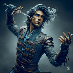 Breezen Aeolus, a 19-year-old air genasi bard, dazzles with sky-blue skin and stormy grey hair. Agile and charming, he gracefully weaves magic with expressive gestures while brandishing a rapier. Clad in finely crafted leather armor, he embodies noble elegance in the ethereal Elemental Plane of Air.