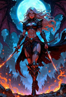 In the depths of the Underdark, a striking drow warrior emerges—her obsidian skin and silvery-white hair radiant against the shadows. With piercing crimson eyes and a wicked smirk, she dances through battle, dual daggers gleaming, a lethal blend of beauty and danger.