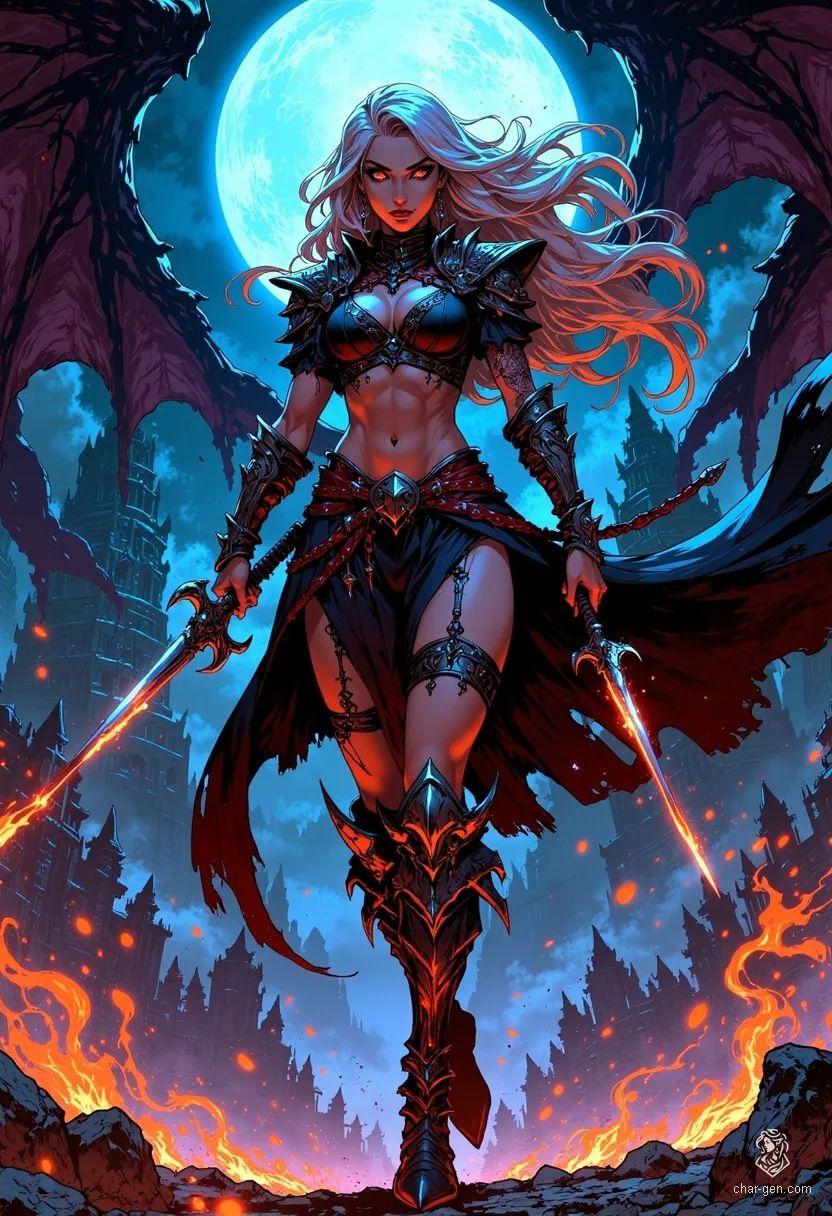 In the depths of the Underdark, a striking drow warrior emerges—her obsidian skin and silvery-white hair radiant against the shadows. With piercing crimson eyes and a wicked smirk, she dances through battle, dual daggers gleaming, a lethal blend of beauty and danger.