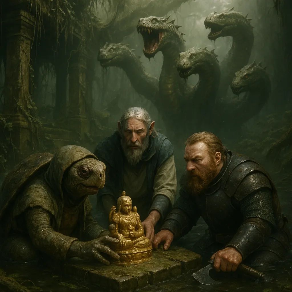 In the fog-shrouded Dreadmire Swamp, a tortle druid, firbolg cleric, and dwarf fighter delve into a vine-choked sunken temple seeking golden idols—only to face a terrifying five-headed hydra rising from inky black waters, its wet, slimy scales shimmering in haunting Rembrandt lighting.