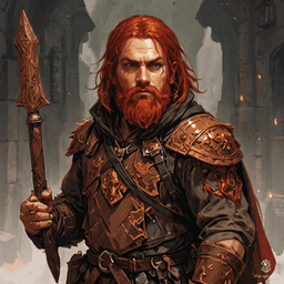 Thrain Ironfoot, a formidable male dwarf hunter, wields his skills with precision. Adorned in chainmail and a weathered brown cloak, his vibrant red hair and beard contrast sharply against his tan skin. A burn scar rests on his left cheek, a testament to battles fought and a life of resilience.