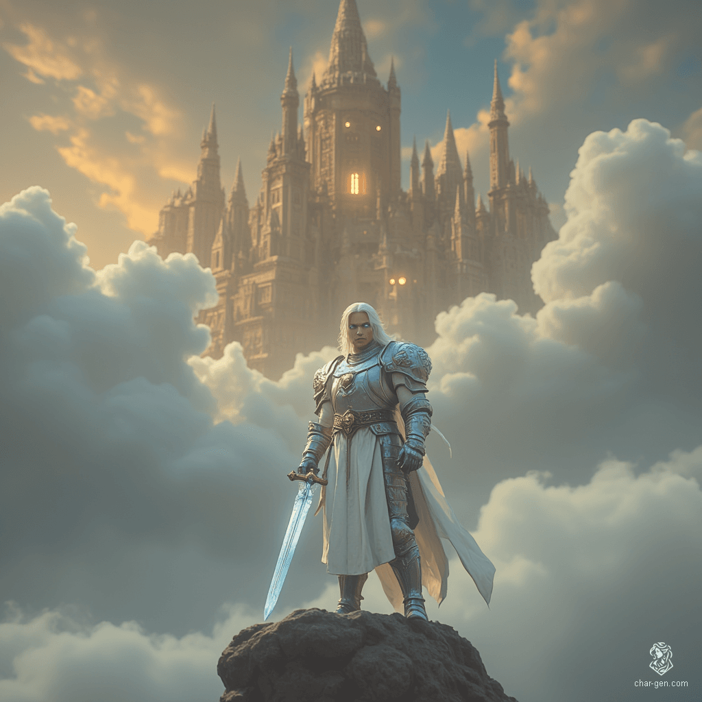 Puriel is a formidable aasimar battlemaster, radiating an ethereal glow. With striking, unusual eyes and white-blond cornrows, he stands proudly in intricately detailed chain mail. Gripping a mighty greataxe, he embodies strength and confidence, a warrior of divine heritage ready for any battle.