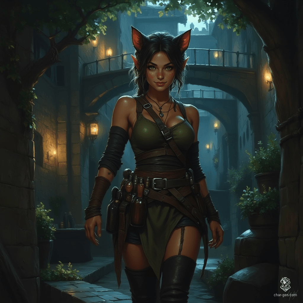 Izzy, a perky halfling assassin, stands at 1.5 meters tall, her tight brown leather armor accentuating her curves. With yellow-green snake-like eyes and shimmering green scales on her bare arms, she exudes an aura of malice and competence. Armed with crossbows and poisons, she lurks in shadows, poised for the hunt.