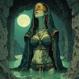 In a gritty painterly fantasy style, a haunting female oracle stands in a moonlit drowned crypt. Clad in clinging, soaked sea-silk robes, barnacle-ridden and decayed, her ethereal form is etched with ritual glyphs. Coral-threaded lace blindfolds her eyes, while water drips from her fingertips, illuminated by an eerie green glow.