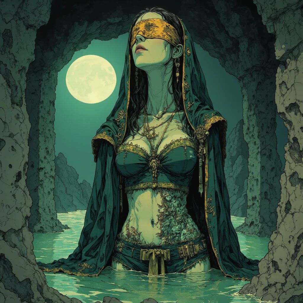 In a gritty painterly fantasy style, a haunting female oracle stands in a moonlit drowned crypt. Clad in clinging, soaked sea-silk robes, barnacle-ridden and decayed, her ethereal form is etched with ritual glyphs. Coral-threaded lace blindfolds her eyes, while water drips from her fingertips, illuminated by an eerie green glow.