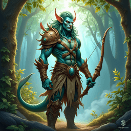 A mysterious Triton forest wanderer, he possesses aqua skin accentuated with sandy beige hues and tangled kelp-green hair entwined with leaves and shells. Clad in sea-forged leather armor, he wields a driftwood bow, his sharp eyes reflecting the wisdom of both land and sea.