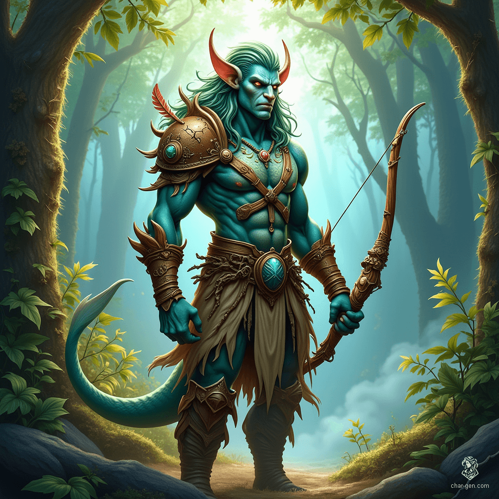 A mysterious Triton forest wanderer, he possesses aqua skin accentuated with sandy beige hues and tangled kelp-green hair entwined with leaves and shells. Clad in sea-forged leather armor, he wields a driftwood bow, his sharp eyes reflecting the wisdom of both land and sea.
