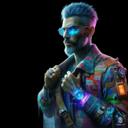 A tan-skinned male artificer, with long greying hair accented by blue strokes, wears a stylish jacket adorned with chaotic floral patches. His intellectual gaze behind light blue oval glasses hints at wisdom. As a magical courier, he weaves through realms with intricate gadgets, a tome, and a satchel of enchanted messages.