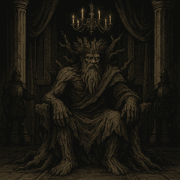 The ancient Wood Woad king, an elderly arboreal humanoid with bark-like skin and tree-trunk limbs, sits merged with his wooden throne. Crowned with leaves, his wrinkled, worn face bears the weight of centuries, embodying the timeless spirit of the forest.