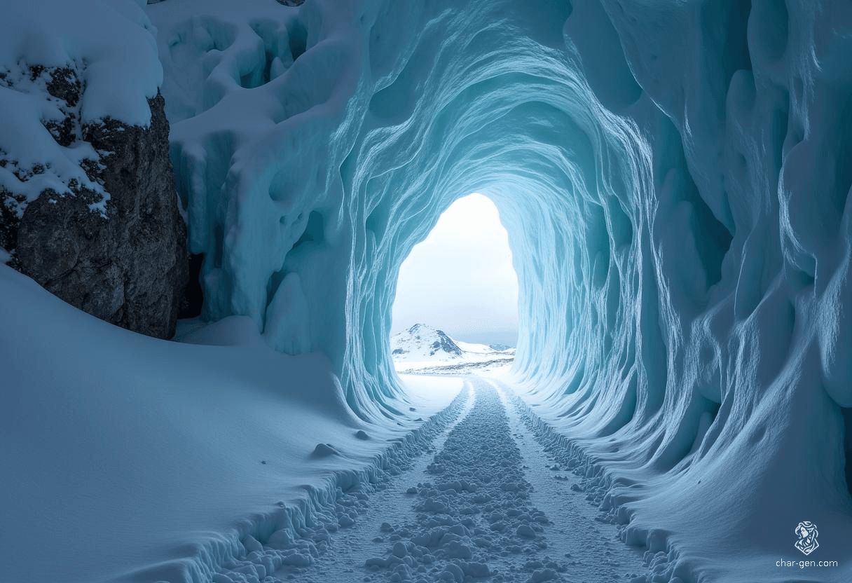Beneath a brooding sky, a vast ice cave looms at the mountain's base, its crystalline entrance glistening like a hidden treasure. Surrounding it, a blanket of untouched snow cushions the eerie stillness, hinting at ancient secrets within the icy depths, untouched by time or travelers.