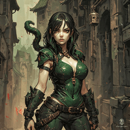 A cunning yuan-ti serpent woman rogue, clad in leather adorned with straps and pouches, triumphantly brandishes a severed vampire head. With green scales, snake-like features, and a forked tongue, her fierce expression mirrors the dangers lurking in the shadows of the medieval city alley.