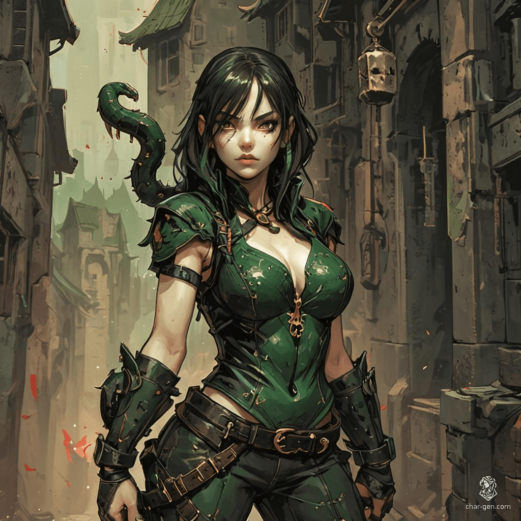 A cunning yuan-ti serpent woman rogue, clad in leather adorned with straps and pouches, triumphantly brandishes a severed vampire head. With green scales, snake-like features, and a forked tongue, her fierce expression mirrors the dangers lurking in the shadows of the medieval city alley.