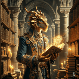 An ancient, gold-scaled male dragonborn with a dragon-like snout, small horns, frilled ears, and a crest. Wearing enchanted garments adorned with arcane sigils, he meticulously catalogs ancient texts among towering bookshelves, wielding a magical tome or staff. His wise eyes, behind glasses, reflect centuries of knowledge.