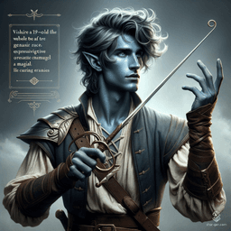 Breezen Aeolus, a 19-year-old air genasi bard, enchants with his sky-blue skin and stormy grey hair. Agile and charming, he wields a rapier and an enchanting instrument, effortlessly blending noble elegance with aerial grace in the vibrant Elemental Plane of Air.