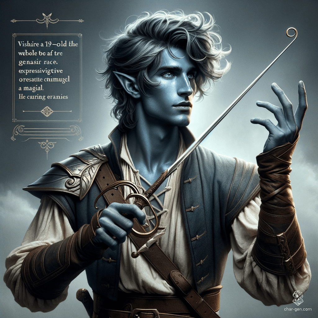 Breezen Aeolus, a 19-year-old air genasi bard, enchants with his sky-blue skin and stormy grey hair. Agile and charming, he wields a rapier and an enchanting instrument, effortlessly blending noble elegance with aerial grace in the vibrant Elemental Plane of Air.