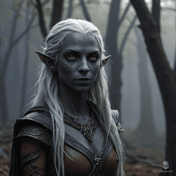 A captivating female dark elf with dark grey skin contrasting sharply against her pure white, long hair. She has purple eyes, a calm expression, and fluid posture, embodying a monk’s serenity. Her toned physique and distinct tan skin texture enhance her striking appearance.