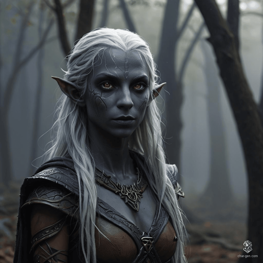 A captivating female dark elf with dark grey skin contrasting sharply against her pure white, long hair. She has purple eyes, a calm expression, and fluid posture, embodying a monk’s serenity. Her toned physique and distinct tan skin texture enhance her striking appearance.