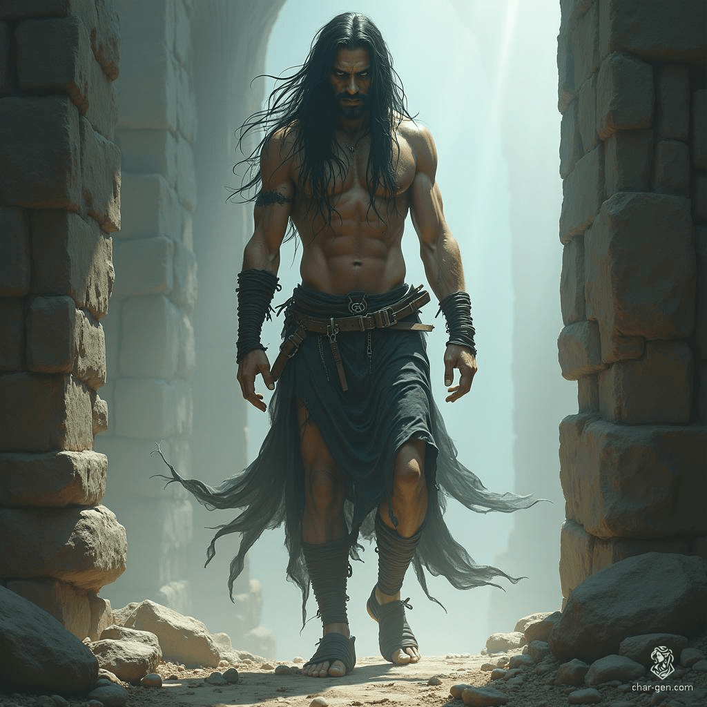 A tall, emaciated prisoner, draped in tattered rags, exudes a fierce determination. His long black hair flows like shadows, framing an angry visage. With leather sandals on his feet, he stands as a timeless figure of resilience, captured in an ethereal, celestial realm of vibrant fantasy art.