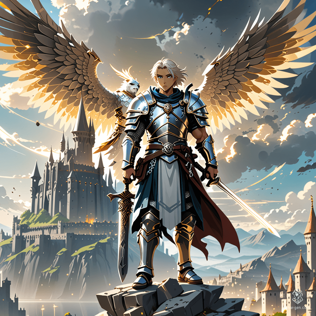 Puriel, a striking aasimar warrior, stands confidently in intricately detailed chain mail, his blond cornrows framing an angelic visage. With unusual colored eyes and a greataxe in hand, he exudes strength and resilience, a formidable battlemaster despite his lack of cunning. His holy glow hints at divine heritage.