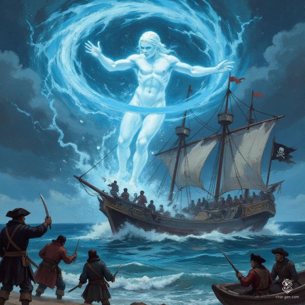 A fierce air elemental roils above a storm-tossed sea, its translucent form shifting between a tornado and a ghostly figure. With electric blue eyes, it unleashes devastating winds on a battered pirate ship, igniting chaos as crews scramble to survive the elemental’s fury.