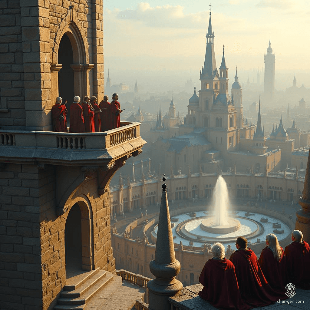 In a towering city, a gathering of Gallic figures share a tranquil winter moment on a lofty balcony. Below, noble war veterans listen to the haunting lament of a long-haired bard, weaving tales of valor amid the echoes of a bustling metropolis.