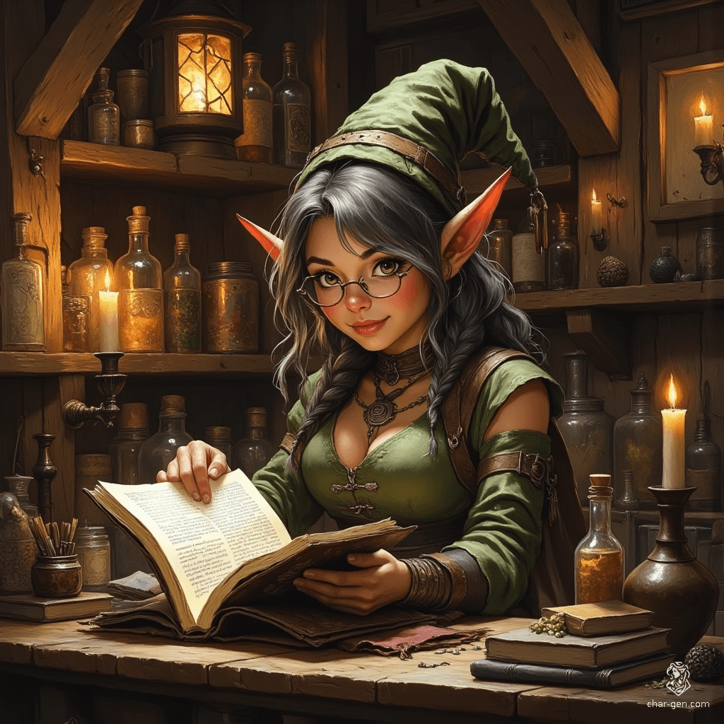 Maryam is a wise, elderly elf witch with a slender, graceful frame and tanned skin marked by gentle wrinkles. Her warm, tea-colored hair, tinged with grey, flows into a loose ponytail beneath a small pointed hat. With inquisitive topaz eyes framed by rimless spectacles, she passionately studies witchcraft in her cozy apothecary lab, surrounded by potions and ghostly spider familiar. Maryam embodies a blend of competence and excitement, perfecting the art of mystical science.
