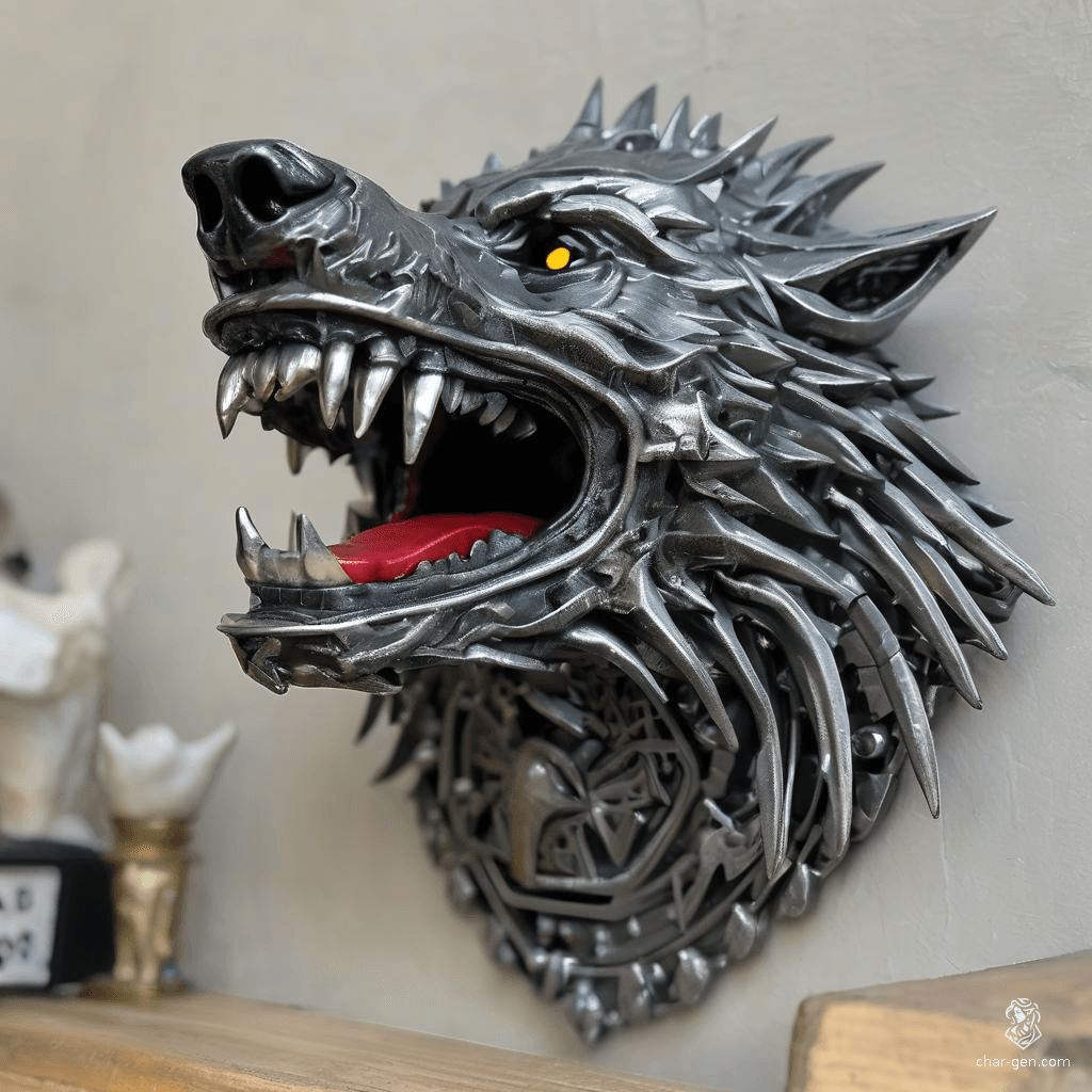 The metallic dire wolf roams the neon-lit streets of a cyberpunk world, its sleek grey body shimmering with an ethereal glow. With razor-sharp metal teeth and glowing eyes, it embodies the perfect blend of nature and technology, a fierce guardian of the city's dark underbelly.